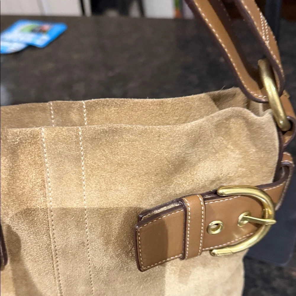 Coach Tan Suede SoHo Buckle Shoulder Bag with Buckle Accents